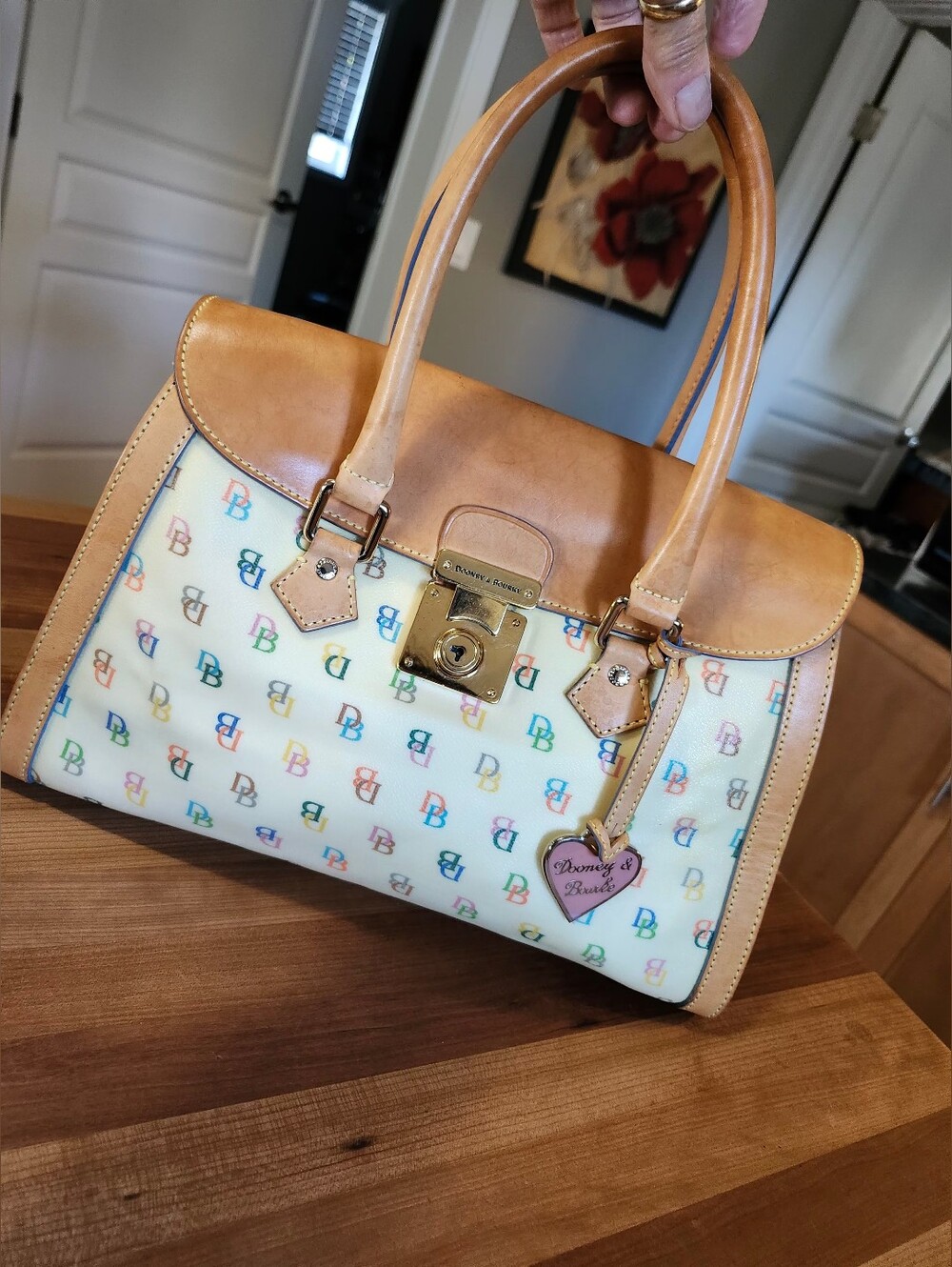 Vtg Dooney & Bourke White Multicolor DB Monogram Satchel with Tan Trim
